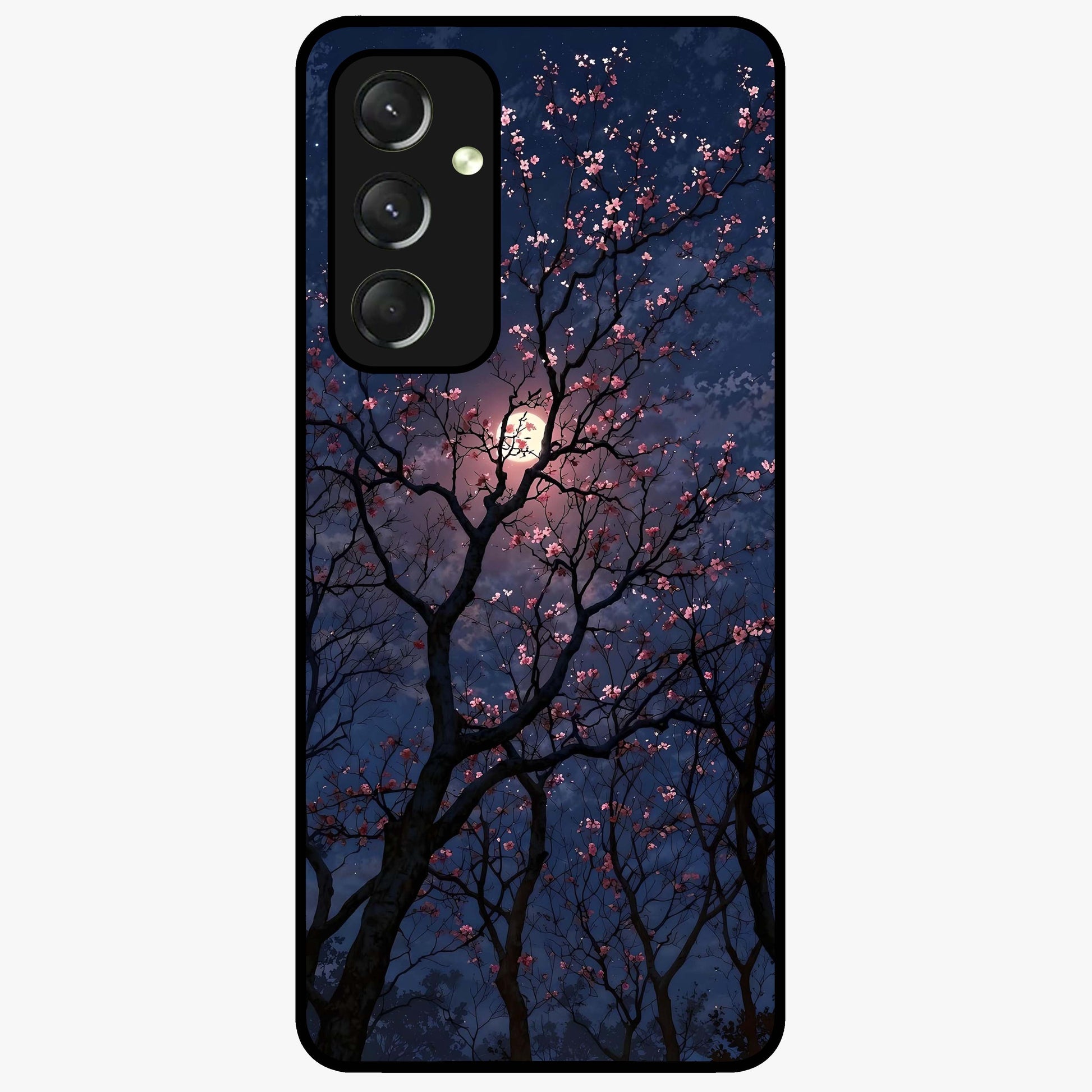 Twilight Sakura Serenade Glass Case showing flat back view with cherry blossom artwork at twilight and glossy glass finish.