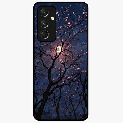 Twilight Sakura Serenade Glass Case showing flat back view with cherry blossom artwork at twilight and glossy glass finish.