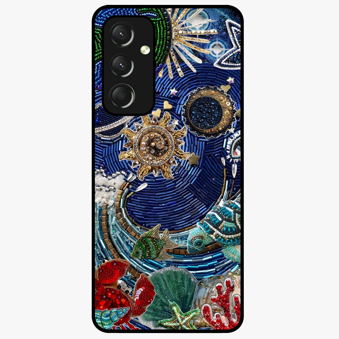 Universe Underwater Spark Glass Case showing flat back view with cosmic underwater themed artwork and glossy glass finish.