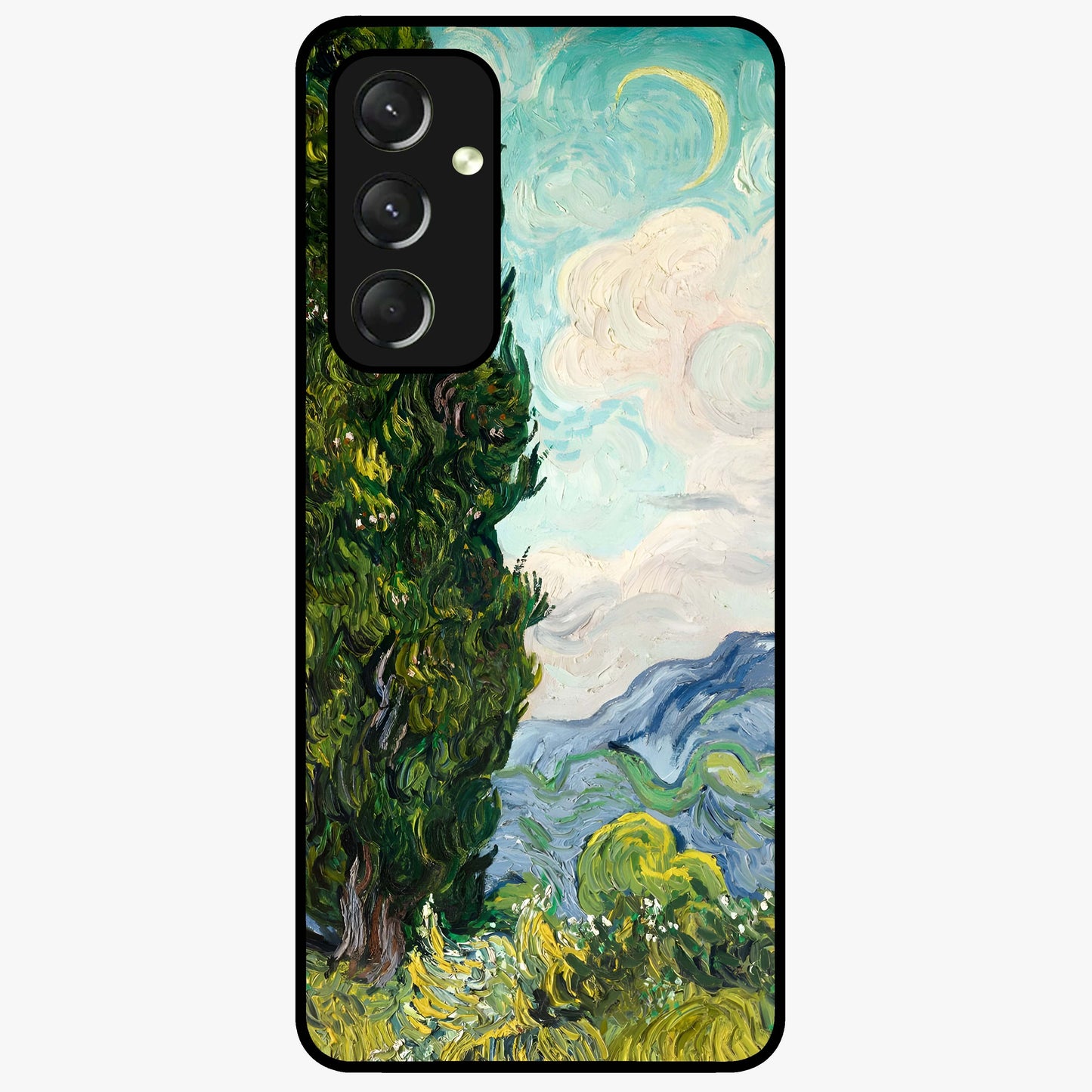 Van Gogh Vintage Art Glass Case showing flat back view with vintage painterly artwork inspired by Van Gogh style and glossy glass finish.