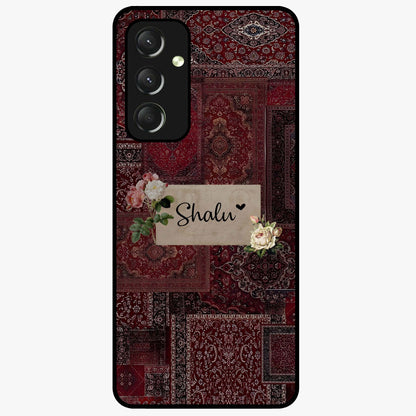 Velvet Wine Pattern Custom Name Glass Case showing flat back view with elegant wine colored pattern artwork and personalized name design.