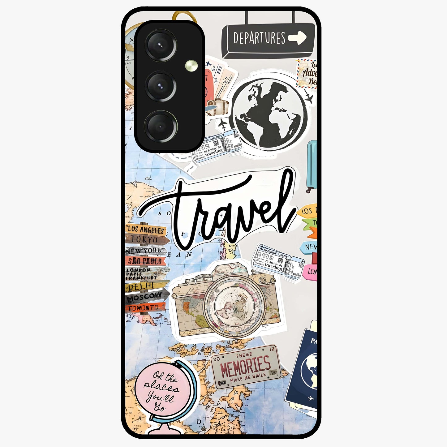 Wanderlust Journal Glass Case showing flat back view with travel inspired artwork and glossy glass finish.