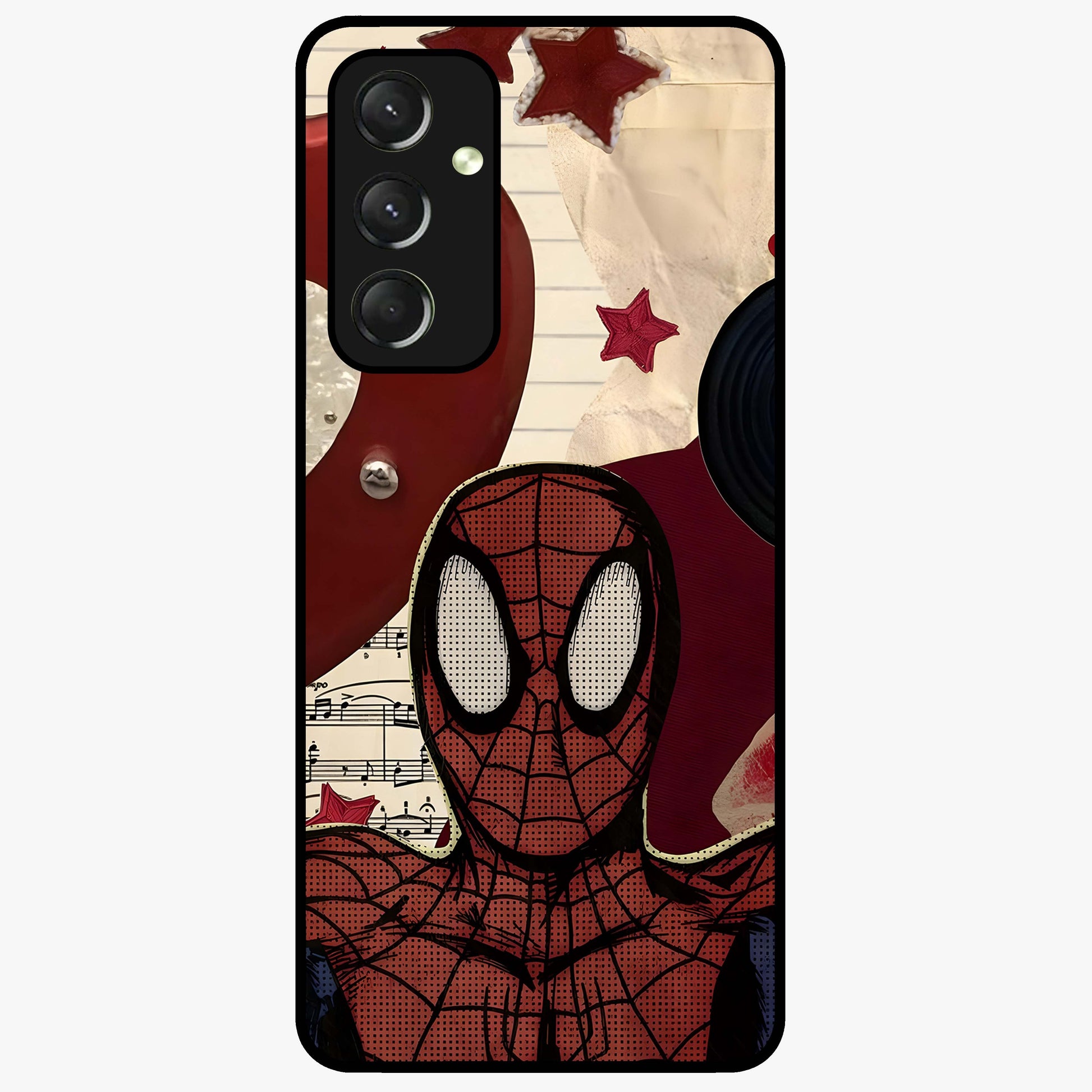 Web Warrior Vibes Glass Case showing flat back view with superhero inspired web themed artwork and glossy glass finish.