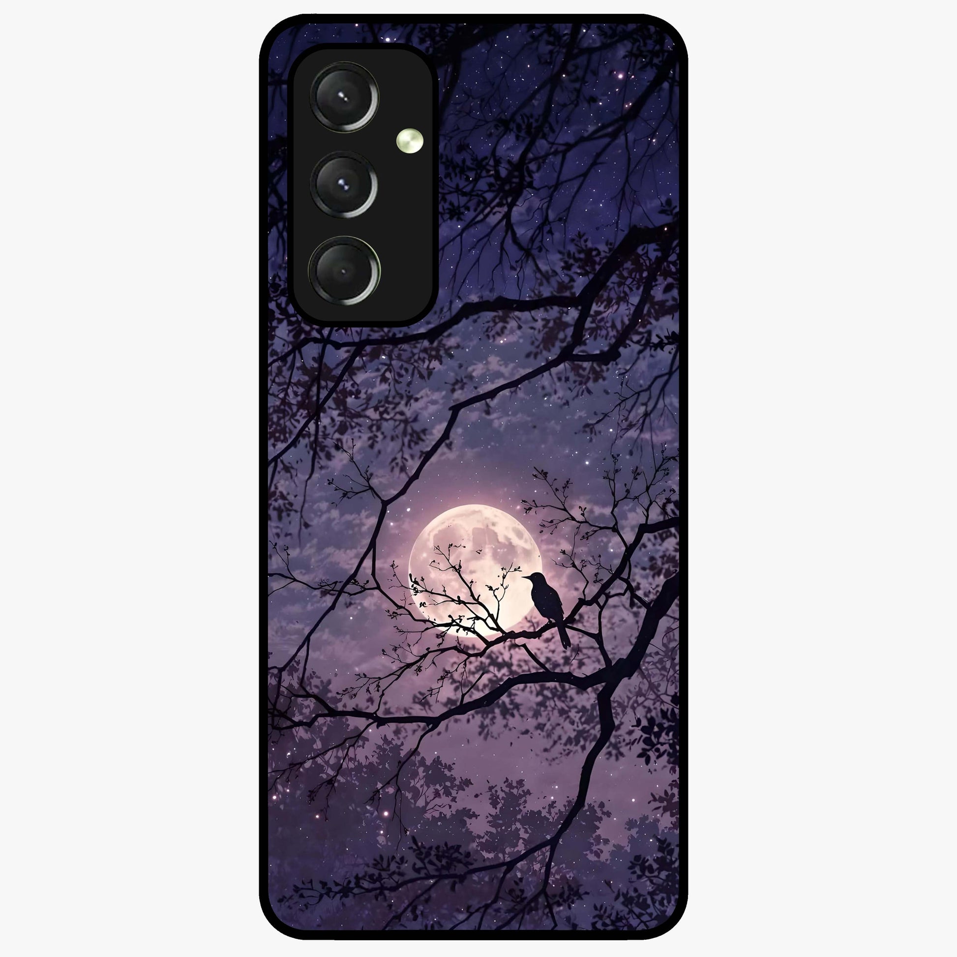 Whispering Moon Silence Glass Case showing flat back view with serene moon themed artwork and glossy glass finish.