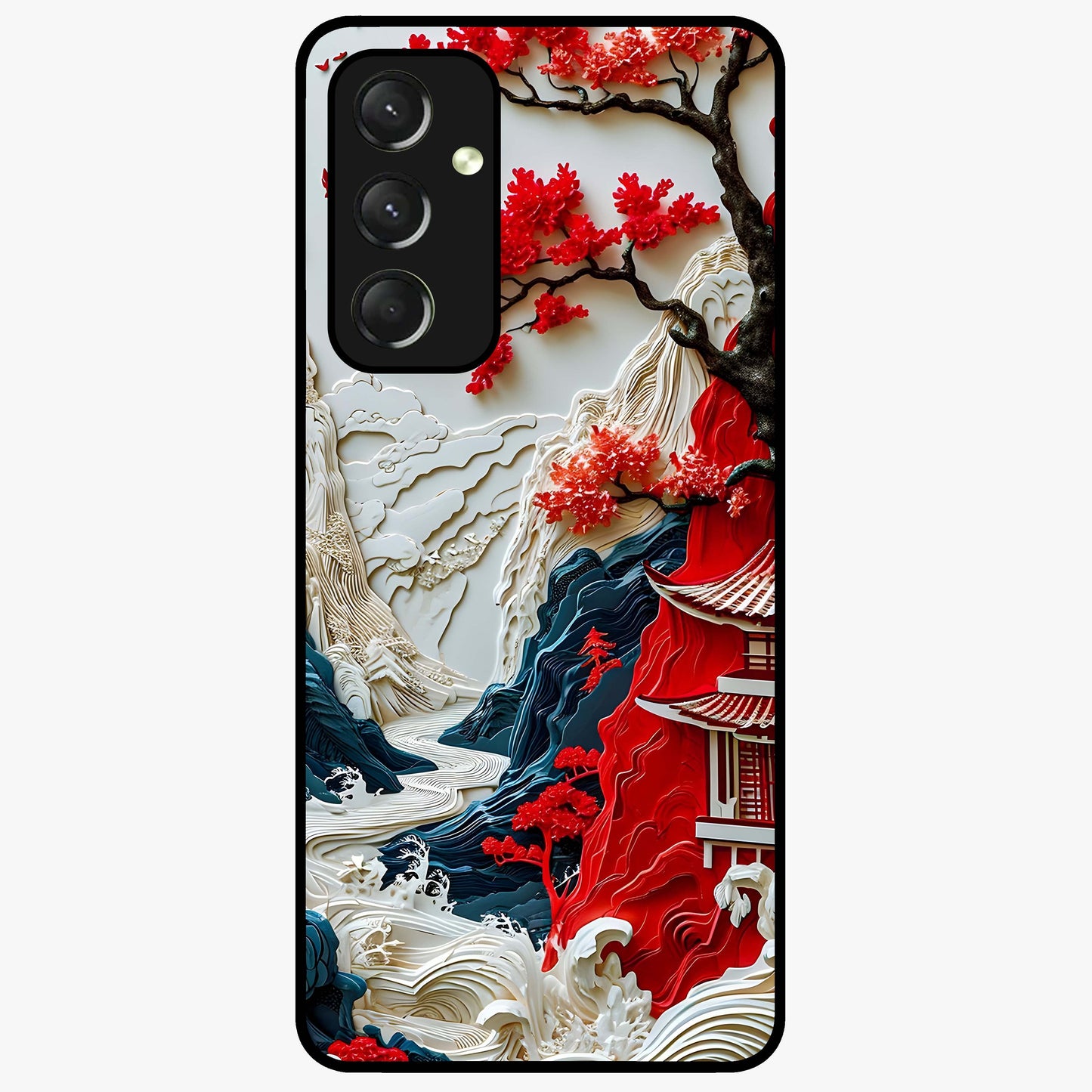 Whispers Of Sakura Waves Glass Case showing flat back view with cherry blossom wave artwork and glossy glass finish.