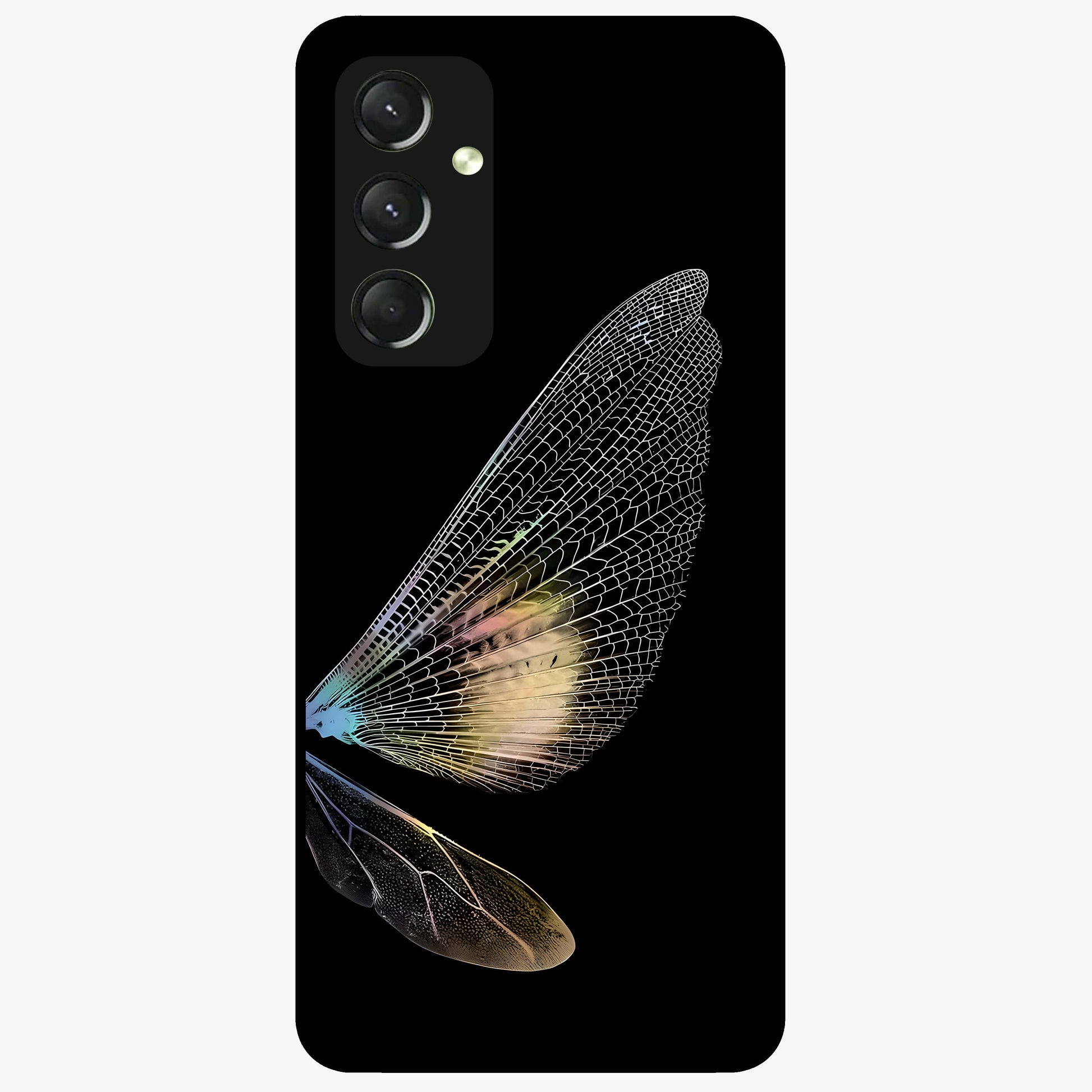 Whispers Of Wings Glass Case showing flat back view with graceful wing inspired artwork and glossy glass finish.
