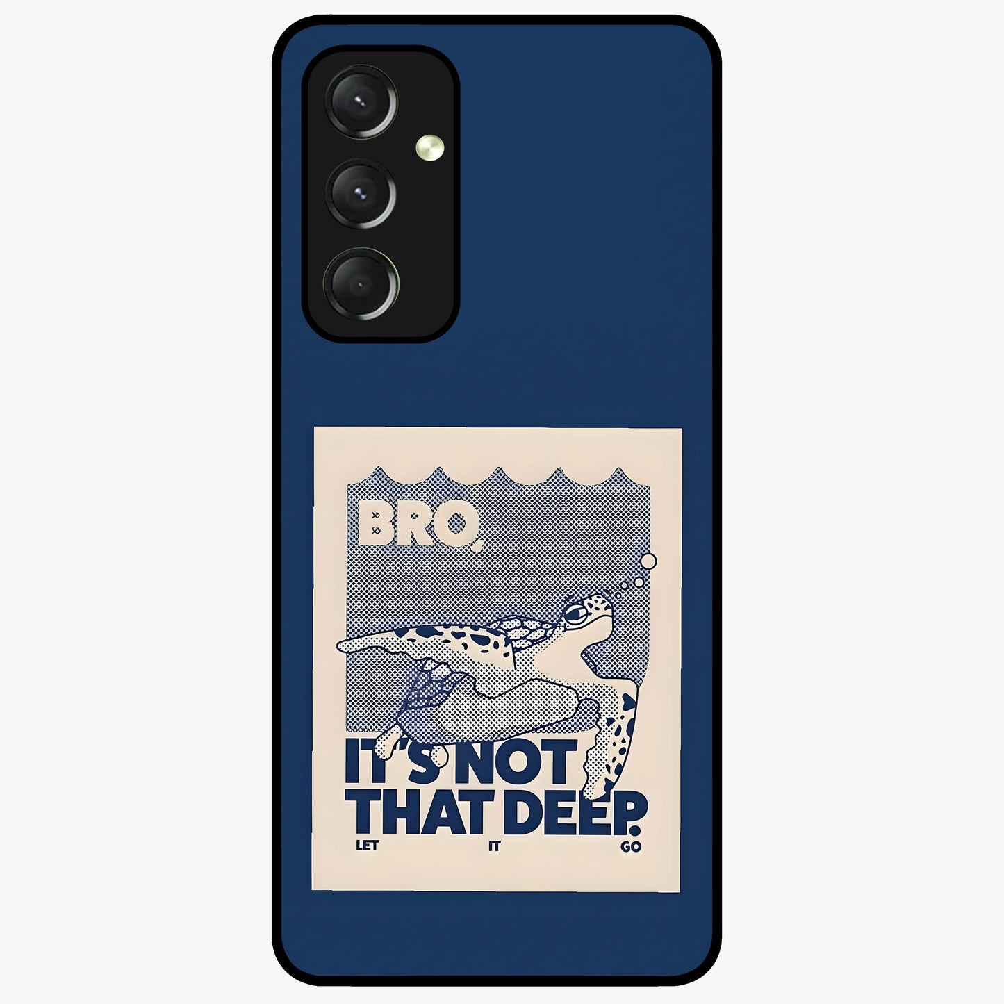 Worry Less Swim Glass Case showing flat back view with playful motivational artwork and glossy glass finish.