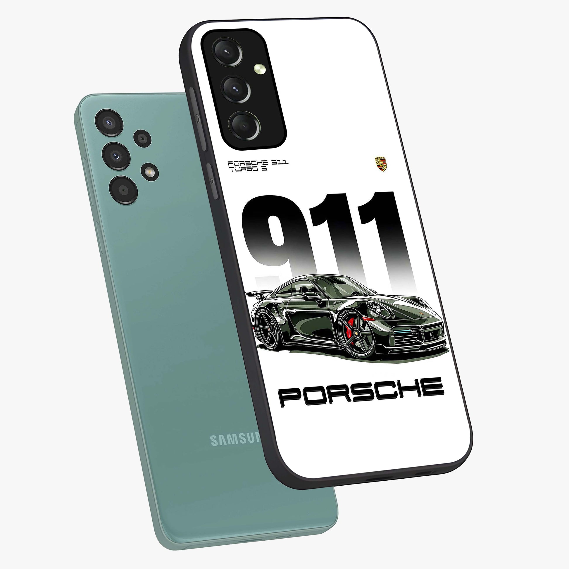 911 Turbo Dominance Glass Case displayed in premium angled mockup highlighting sporty car illustration and sleek glass surface.