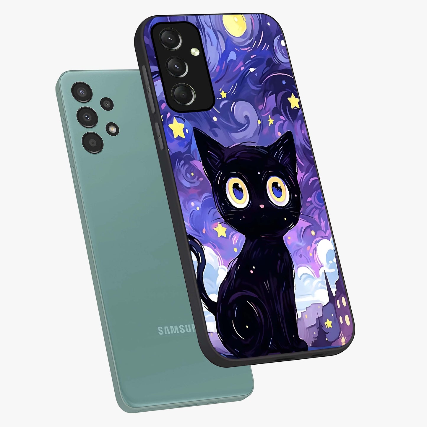 Abstract Cat Art Glass Case displayed in angled mockup highlighting modern abstract cat artwork and sleek glass surface.