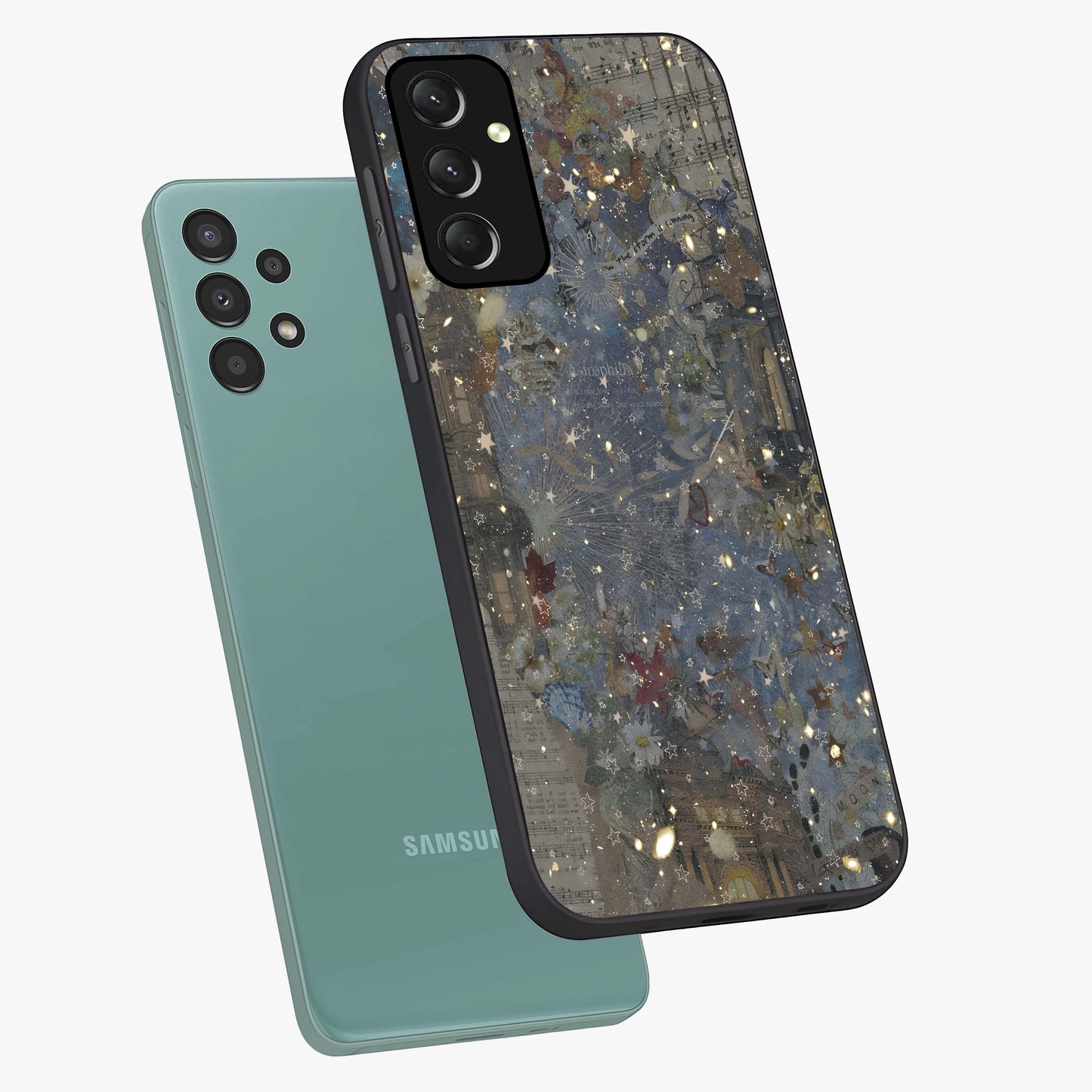 Aesthetic Astrolophia Glass Case displayed in angled mockup highlighting artistic aesthetic elements and smooth glass surface.
