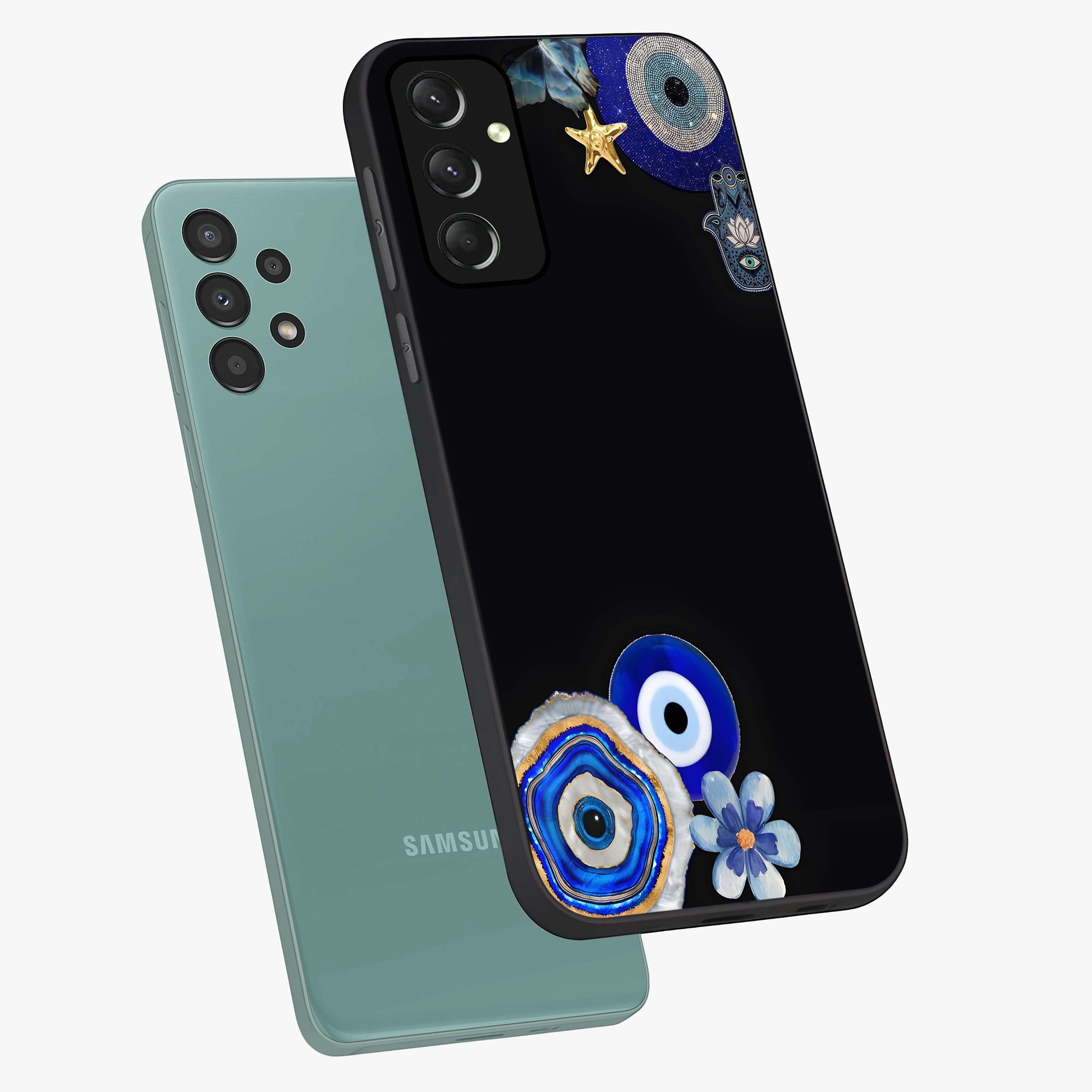 Aesthetic Blue Evil Eye Glass Case displayed in angled mockup highlighting blue evil eye symbol and spiritual aesthetic design.