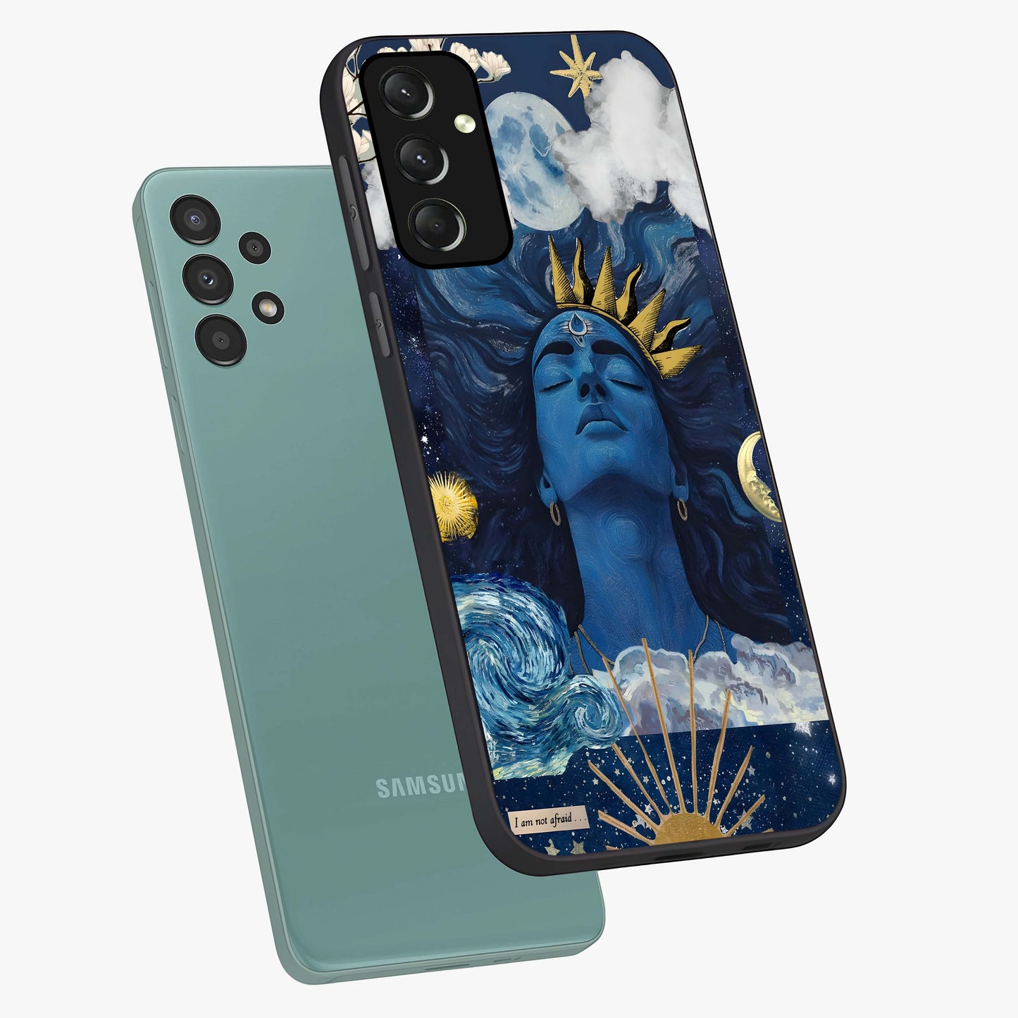 Aesthetic Lord Shiva Glass Case displayed in angled mockup highlighting spiritual Shiva illustration and sacred aesthetic design.
