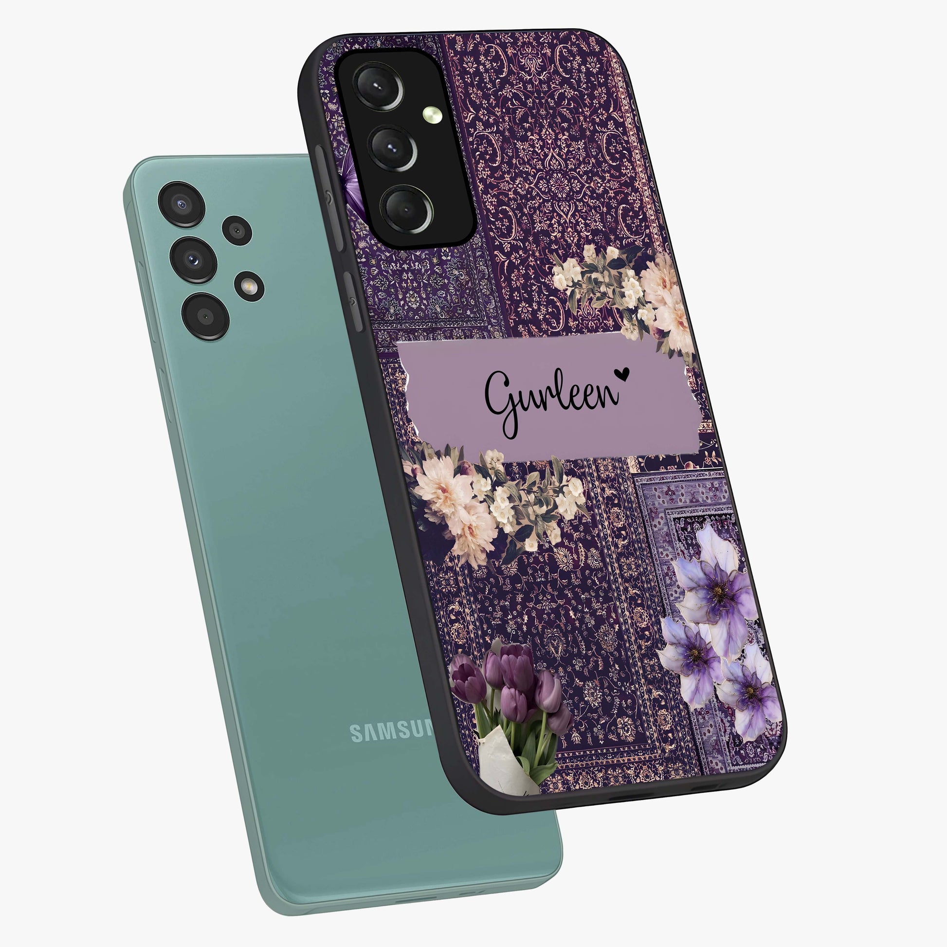 Antique Floral Whisper Custom Name Glass Case displayed in angled mockup highlighting elegant antique floral aesthetic.