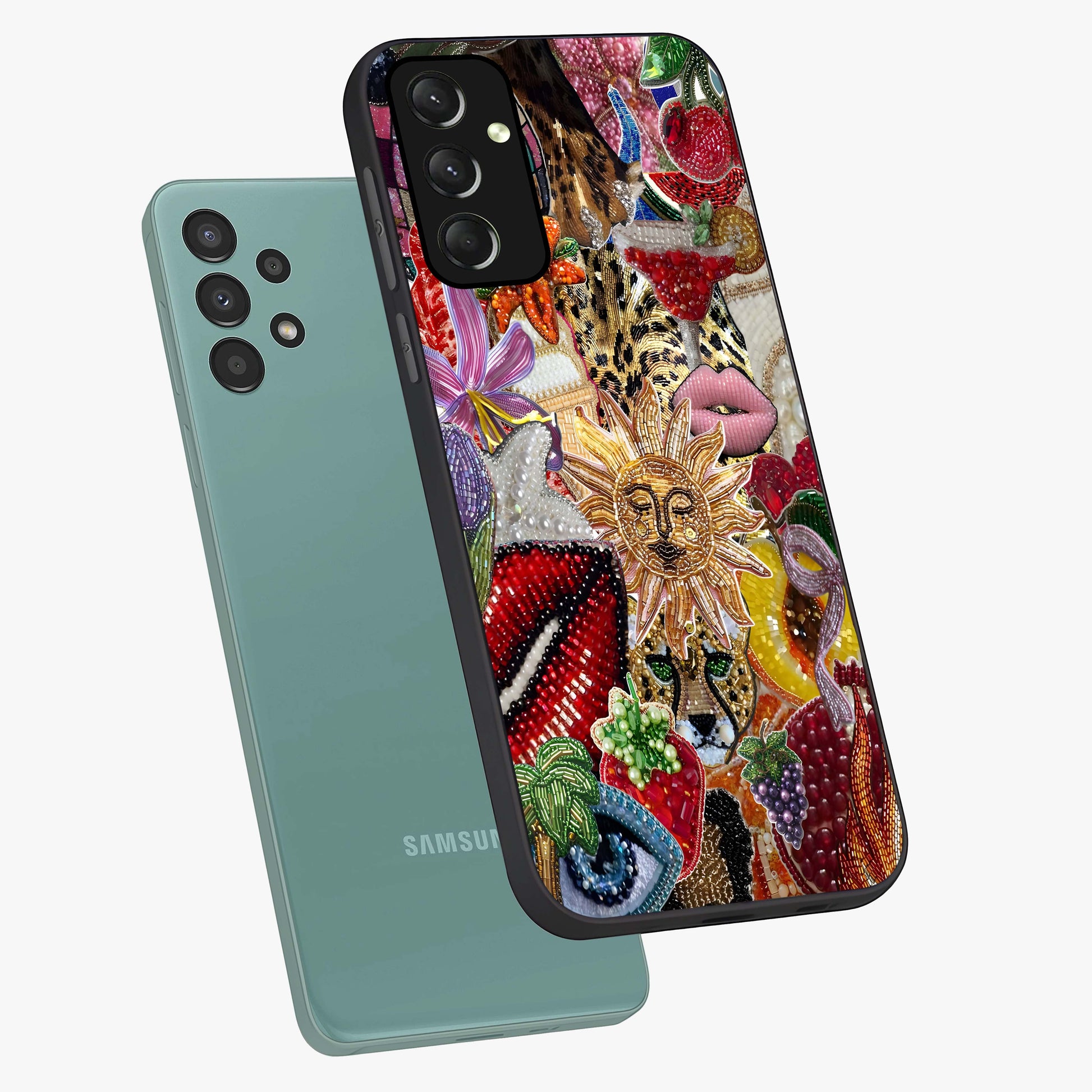 Beaded Fashion Jungle Glass Case displayed in angled mockup highlighting colorful fashion bead design and artistic pattern.