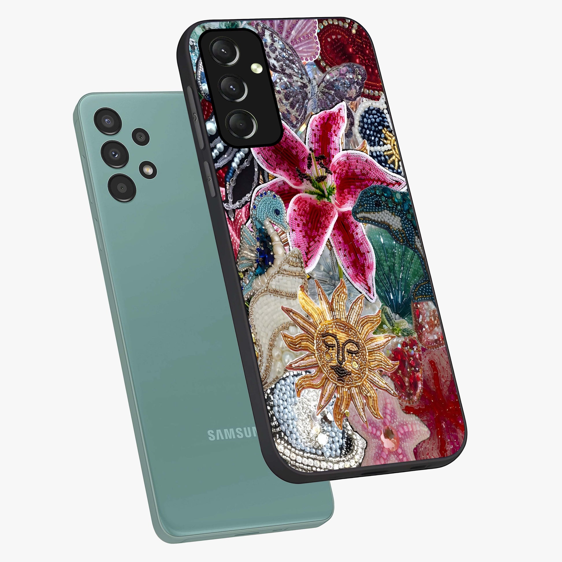 Beaded Garden Fantasy Glass Case displayed in angled mockup highlighting fantasy inspired floral bead pattern.