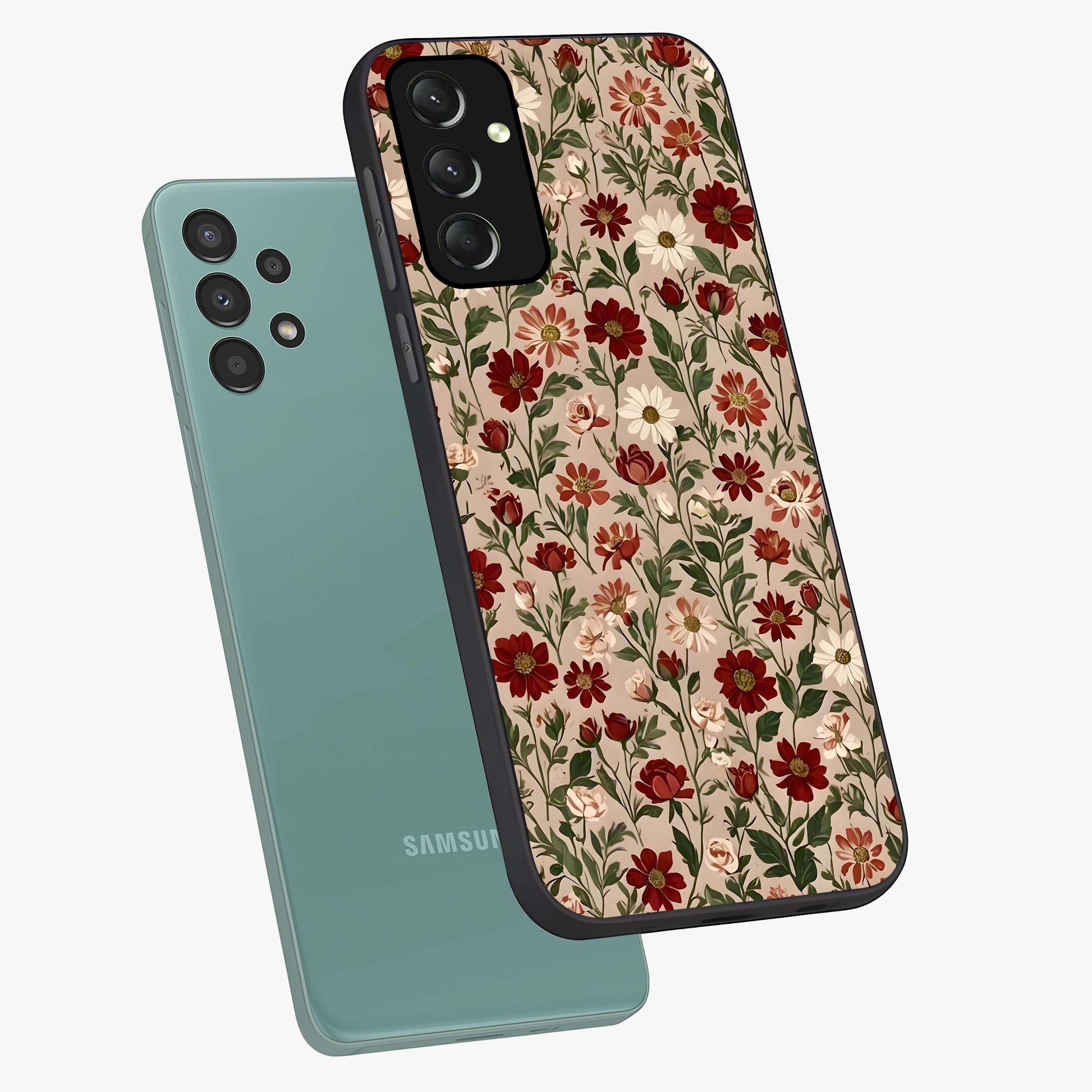 Biege Flower With Leaf Glass Case displayed in angled mockup highlighting minimal floral leaf design and elegant aesthetic.
