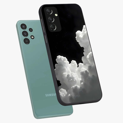 Black Background With White Cloud Glass Case displayed in angled mockup highlighting soft white cloud illustration and minimal design.