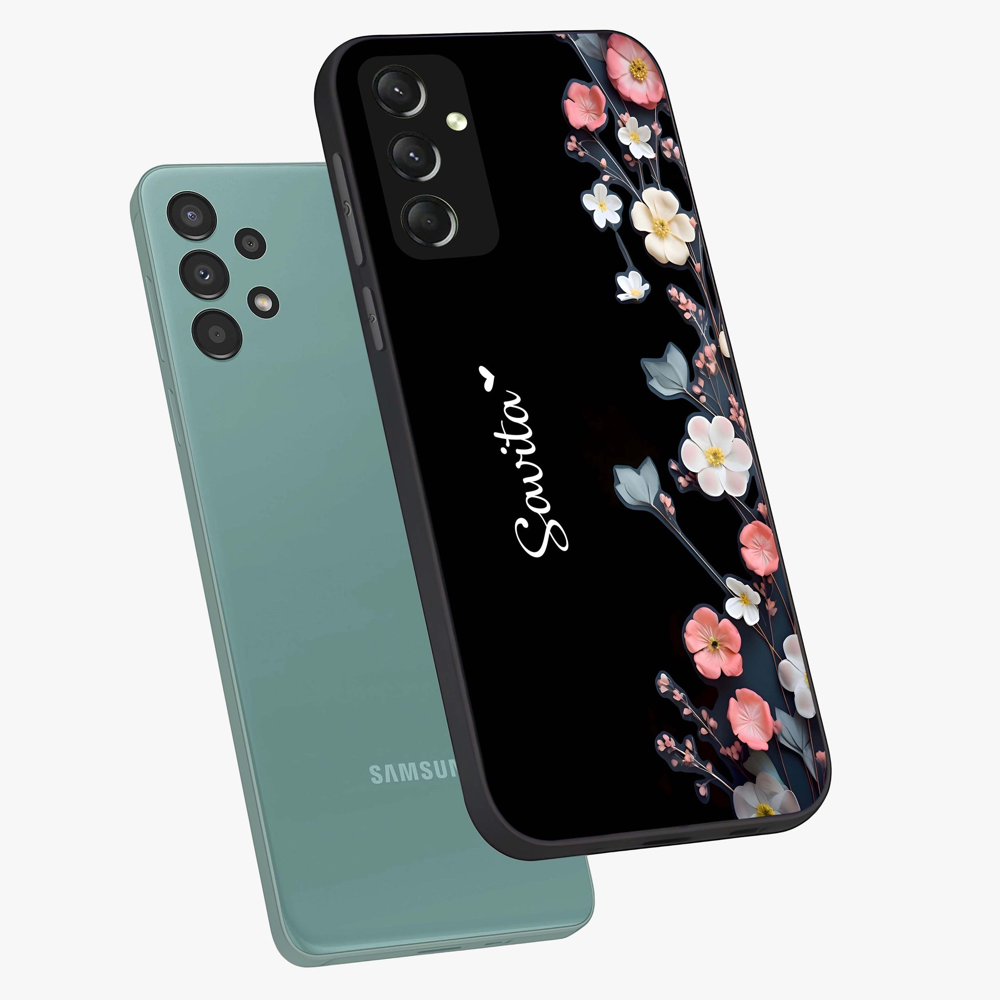 Black Elegance Floral Custom Name Glass Case displayed in angled mockup highlighting dark floral aesthetic and custom name feature.