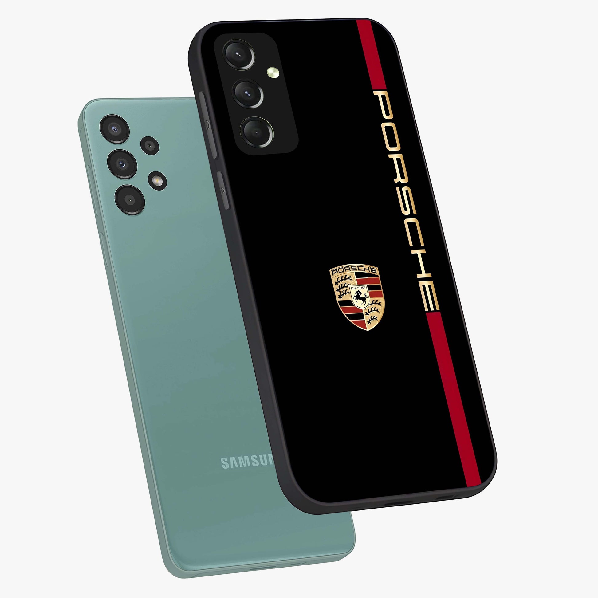 Black Minimal Porsche Glass Case displayed in angled mockup highlighting modern minimal car illustration and clean aesthetic design.
