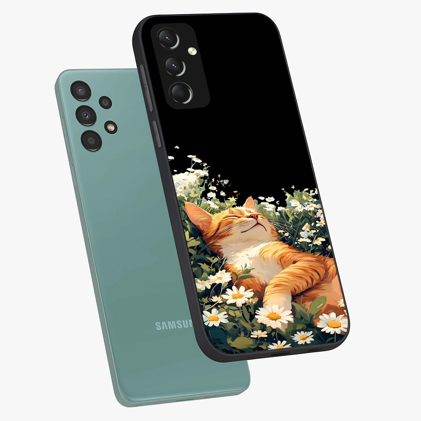 Blissful Bloom Cat Glass Case displayed in angled mockup highlighting playful feline illustration with soft floral aesthetic.