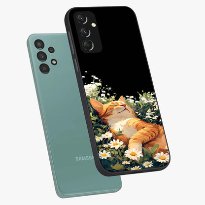 Blissful Bloom Cat Glass Case displayed in angled mockup highlighting playful feline illustration with soft floral aesthetic.