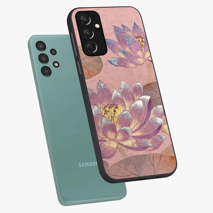 Blossom Mist Lotus Glass Case displayed in angled mockup highlighting delicate lotus illustration with calm aesthetic theme.