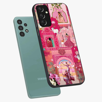 Blossoms of Rajasthan Glass Case displayed in angled mockup highlighting vibrant floral pattern with cultural aesthetic style.