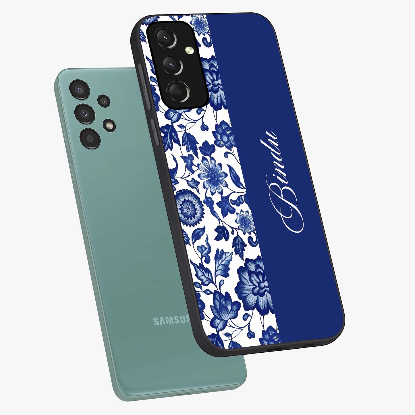Blue Vintage Floral Pattern Glass Case displayed in angled mockup highlighting subtle bloom pattern with aesthetic pastel design.