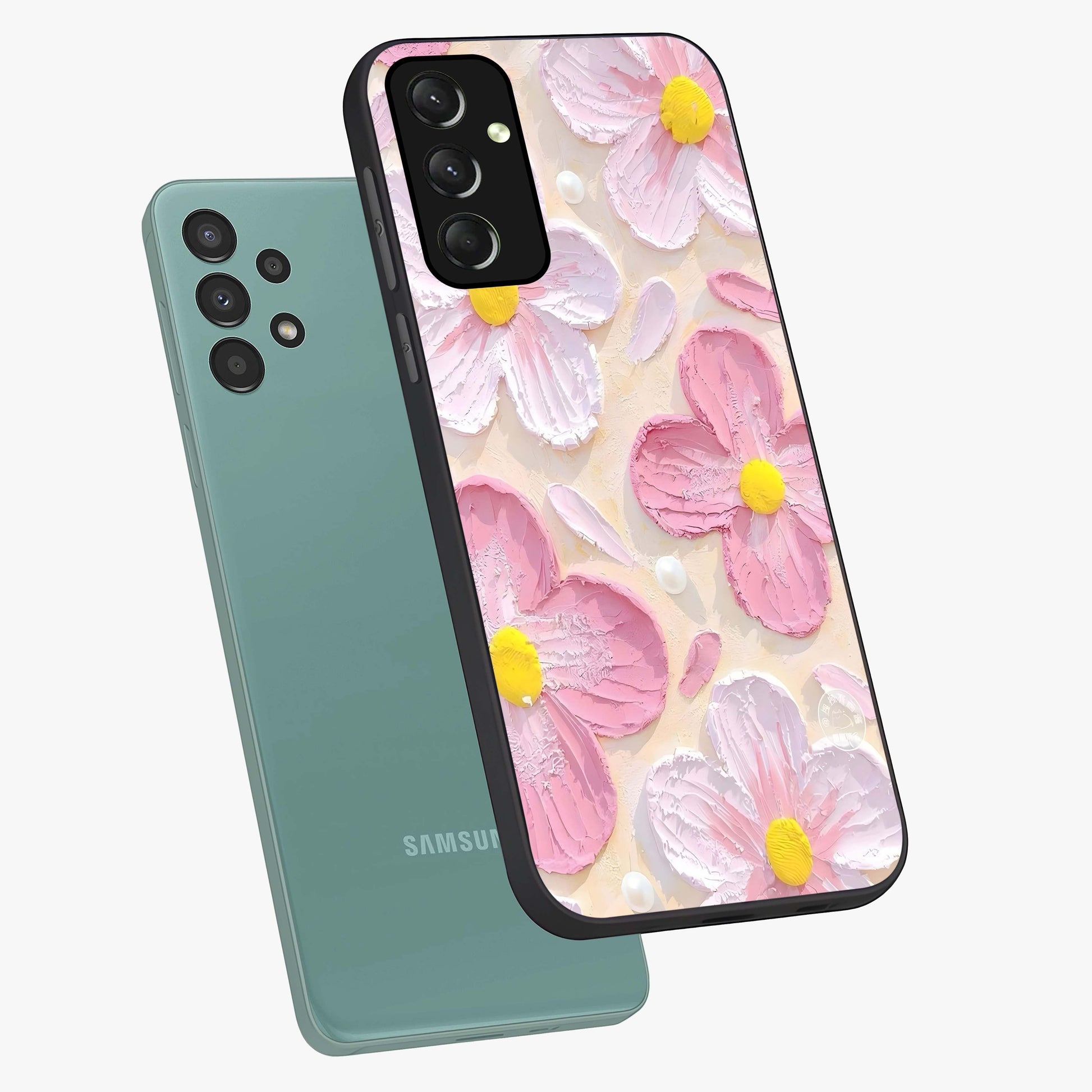 Blush Bloom Texture Glass Case displayed in angled mockup highlighting subtle bloom pattern with aesthetic pastel design.