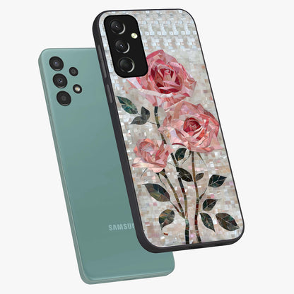 Blush Mosaic Bloom Glass Case displayed in angled mockup highlighting artistic mosaic flower pattern with aesthetic design.
