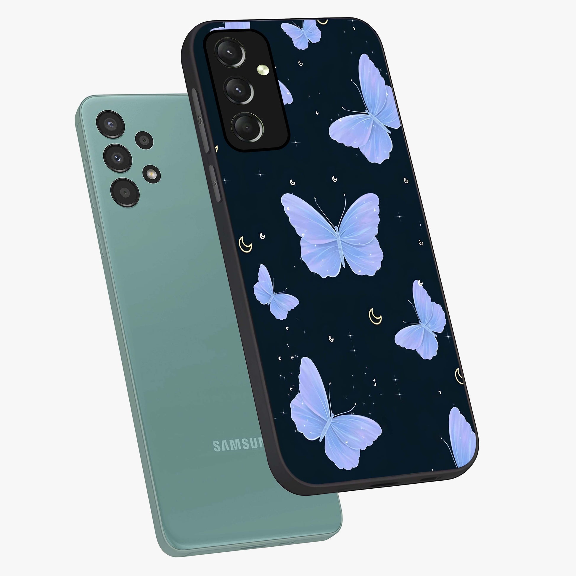 Butterfly With Stars Pattern Glass Case displayed in angled mockup highlighting dreamy butterfly and star design with aesthetic theme.