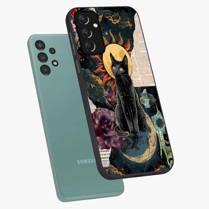 Celestial Black Cat Glass Case displayed in angled mockup highlighting cosmic black cat design with celestial aesthetic.