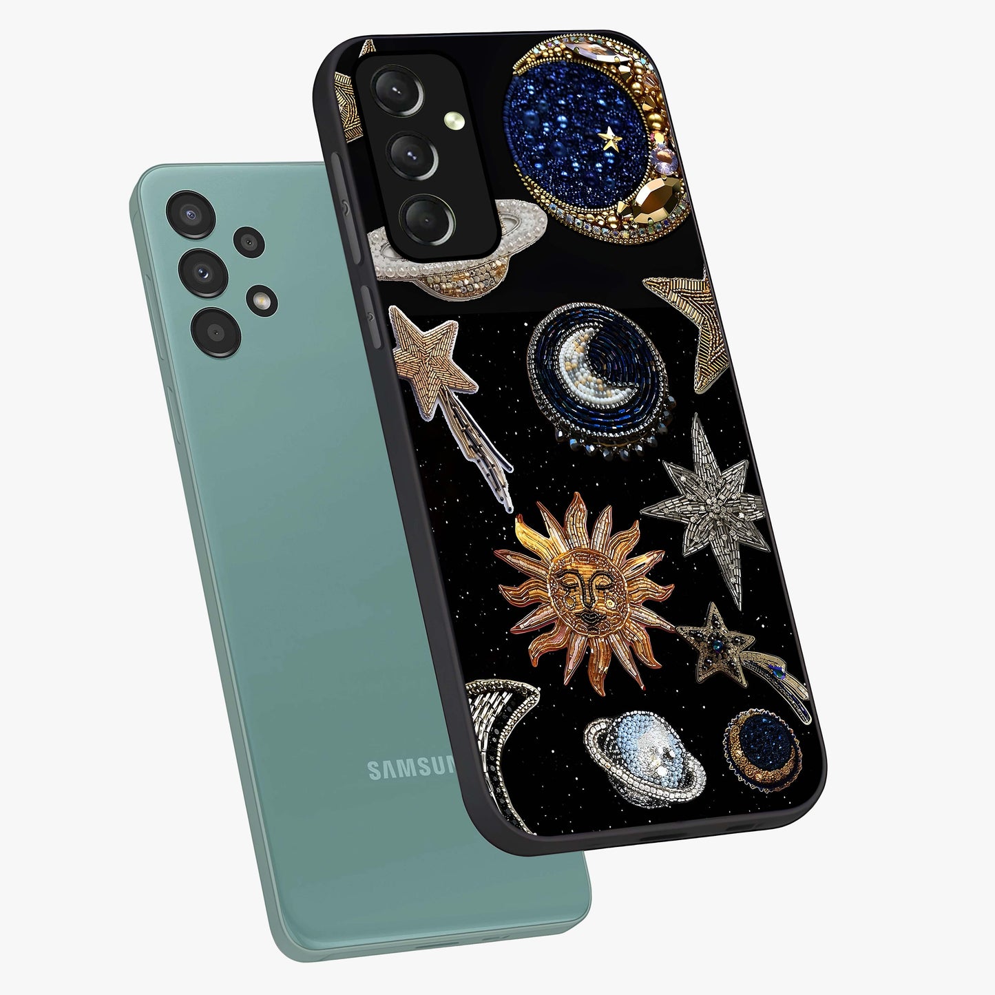 Celestial Gem Constellations Glass Case displayed in angled mockup highlighting gemstone inspired constellation design.