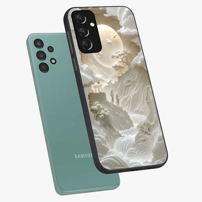 Celestial Origami Glass Case displayed in angled mockup highlighting geometric origami design with cosmic aesthetic theme.