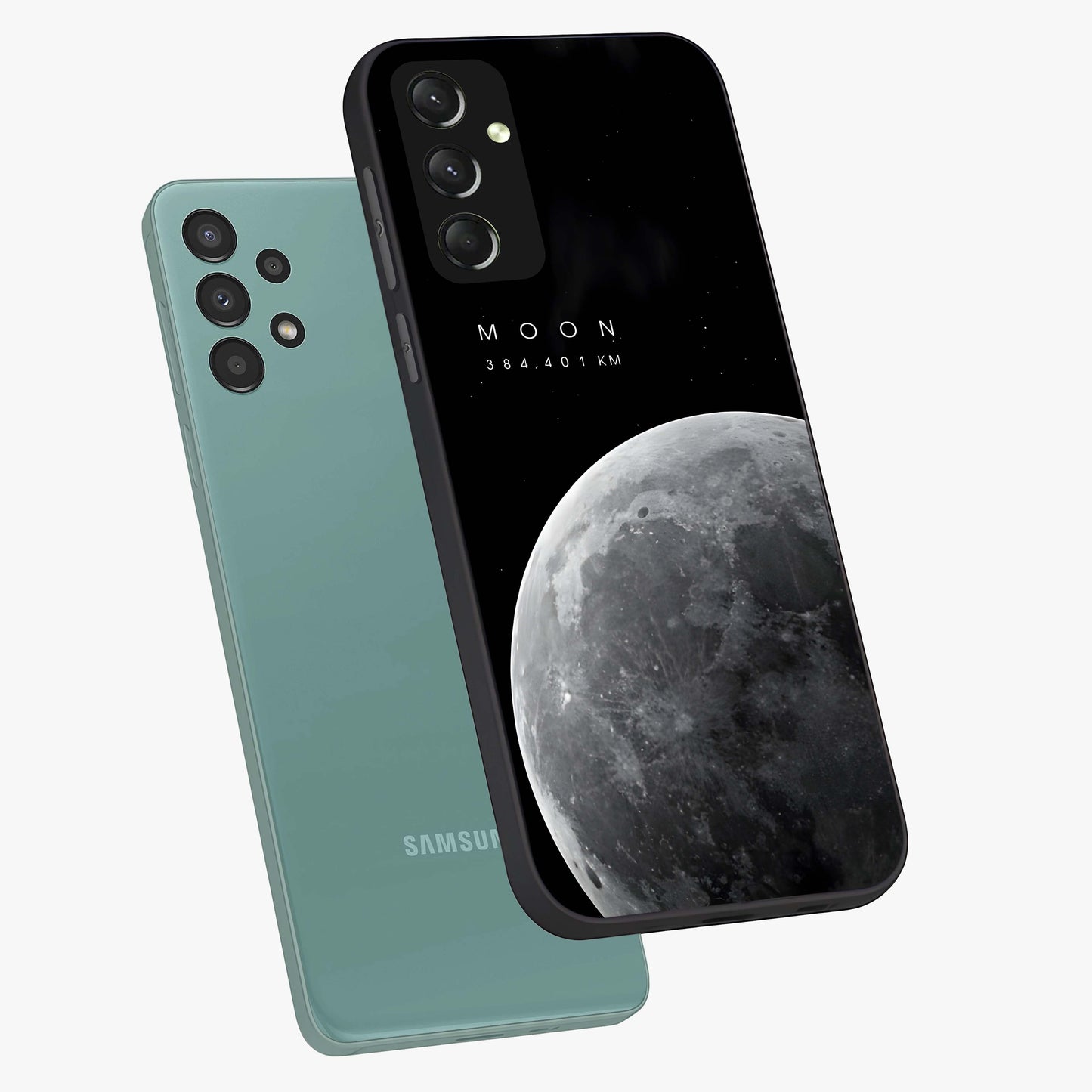 Cosmic Moon Glow Glass Case displayed in angled mockup highlighting celestial moon design with cosmic aesthetic theme.