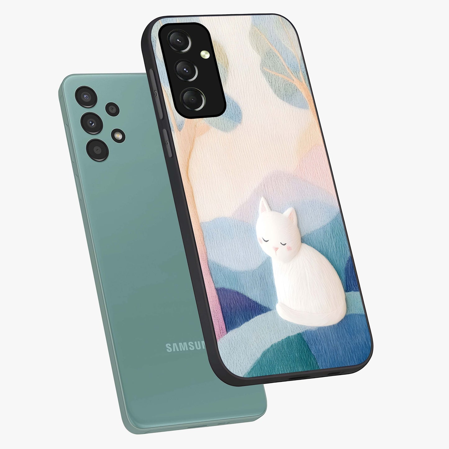 Cotton Dream Cat Glass Case displayed in angled mockup highlighting cute feline illustration with pastel aesthetic style.