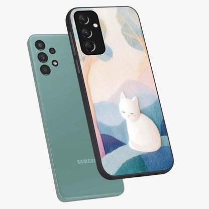Cotton Dream Cat Glass Case displayed in angled mockup highlighting cute feline illustration with pastel aesthetic style.