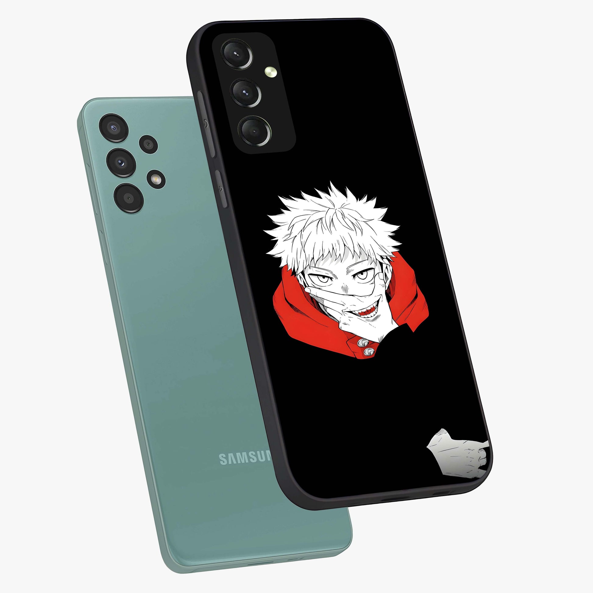 Crimson Chaos Smile Glass Case displayed in angled mockup highlighting edgy crimson smile design with graphic aesthetic.