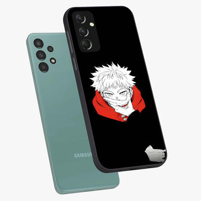 Crimson Chaos Smile Glass Case displayed in angled mockup highlighting edgy crimson smile design with graphic aesthetic.