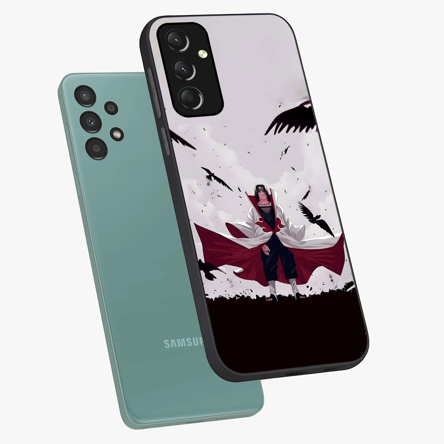 Crimson Crow Ascension Glass Case displayed in angled mockup highlighting powerful crow illustration with dark crimson aesthetic.