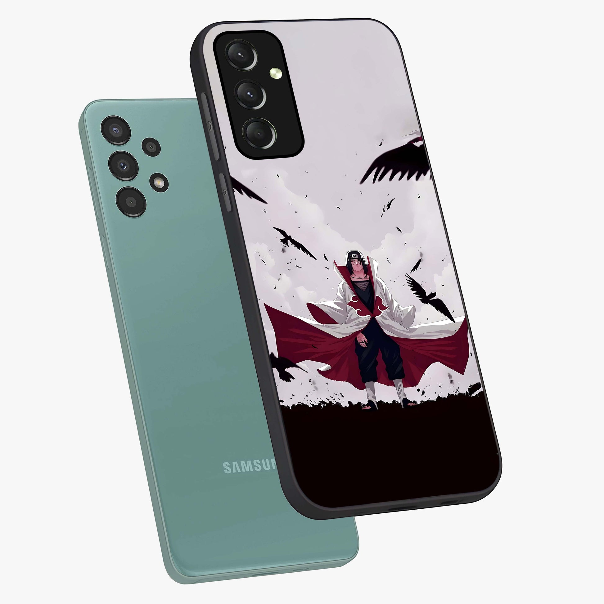 Crimson Crow Ascension Glass Case displayed in angled mockup highlighting powerful crow illustration with dark crimson aesthetic.
