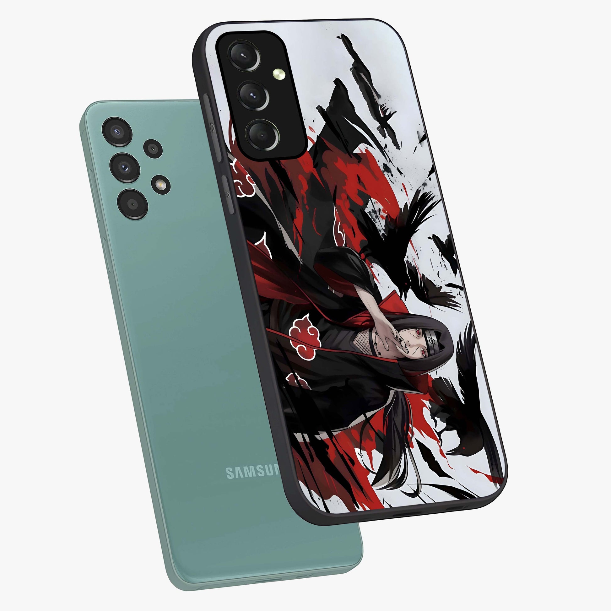 Crimson Crow Illusion Glass Case displayed in angled mockup highlighting mysterious crow graphic with dark aesthetic style.
