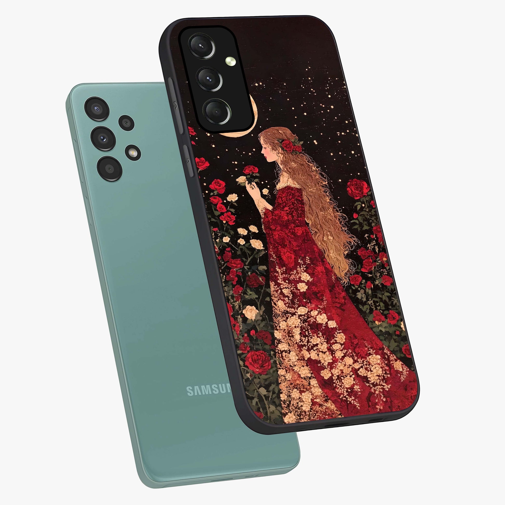 Crimson Dreams Glass Case displayed in angled mockup highlighting soft crimson aesthetic design with artistic theme.