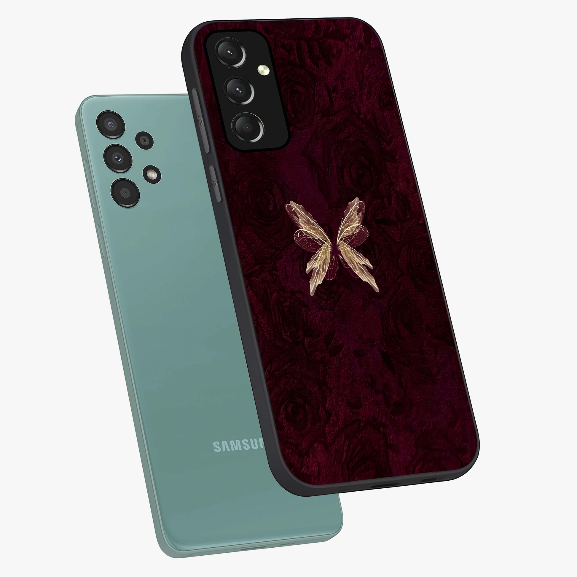 Crimson Fade Butterfly Glass Case displayed in angled mockup highlighting elegant butterfly design with crimson gradient aesthetic.