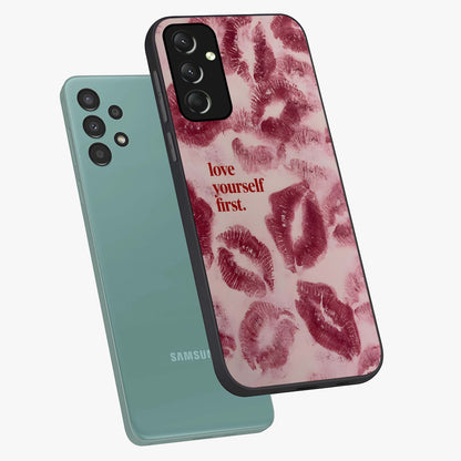 Crimson Kiss Love Glass Case displayed in angled mockup highlighting bold love inspired design with modern aesthetic style.