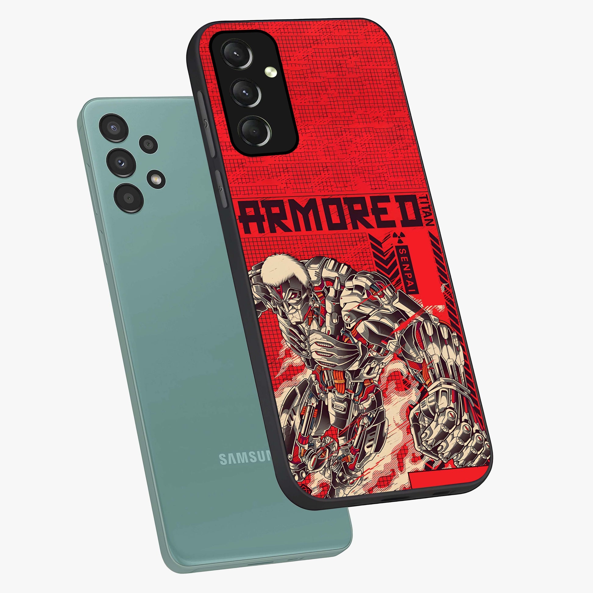 Crimson Mecha Titan Glass Case displayed in angled mockup highlighting futuristic mech illustration with bold crimson aesthetic.