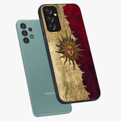 Crimson Sun Majesty Glass Case displayed in angled mockup highlighting majestic crimson sun design with bold aesthetic style.