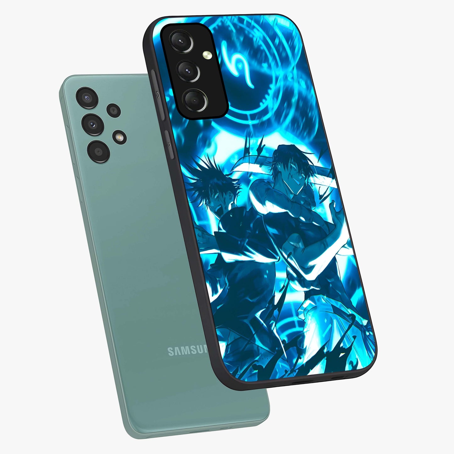 Cursed Energy Clash Glass Case displayed in angled mockup highlighting powerful battle inspired graphic with anime style aesthetic.