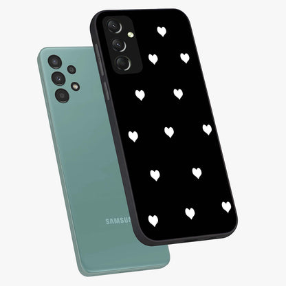 Cute And Simple White Hearts Glass Case displayed in angled mockup highlighting cute heart design with clean aesthetic style.