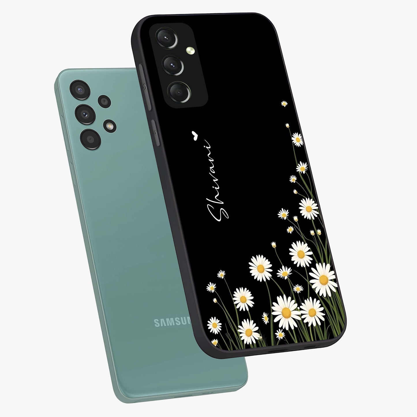 Daisy Cascade Custom Name Glass Case displayed in angled mockup highlighting delicate daisy artwork with custom name feature.